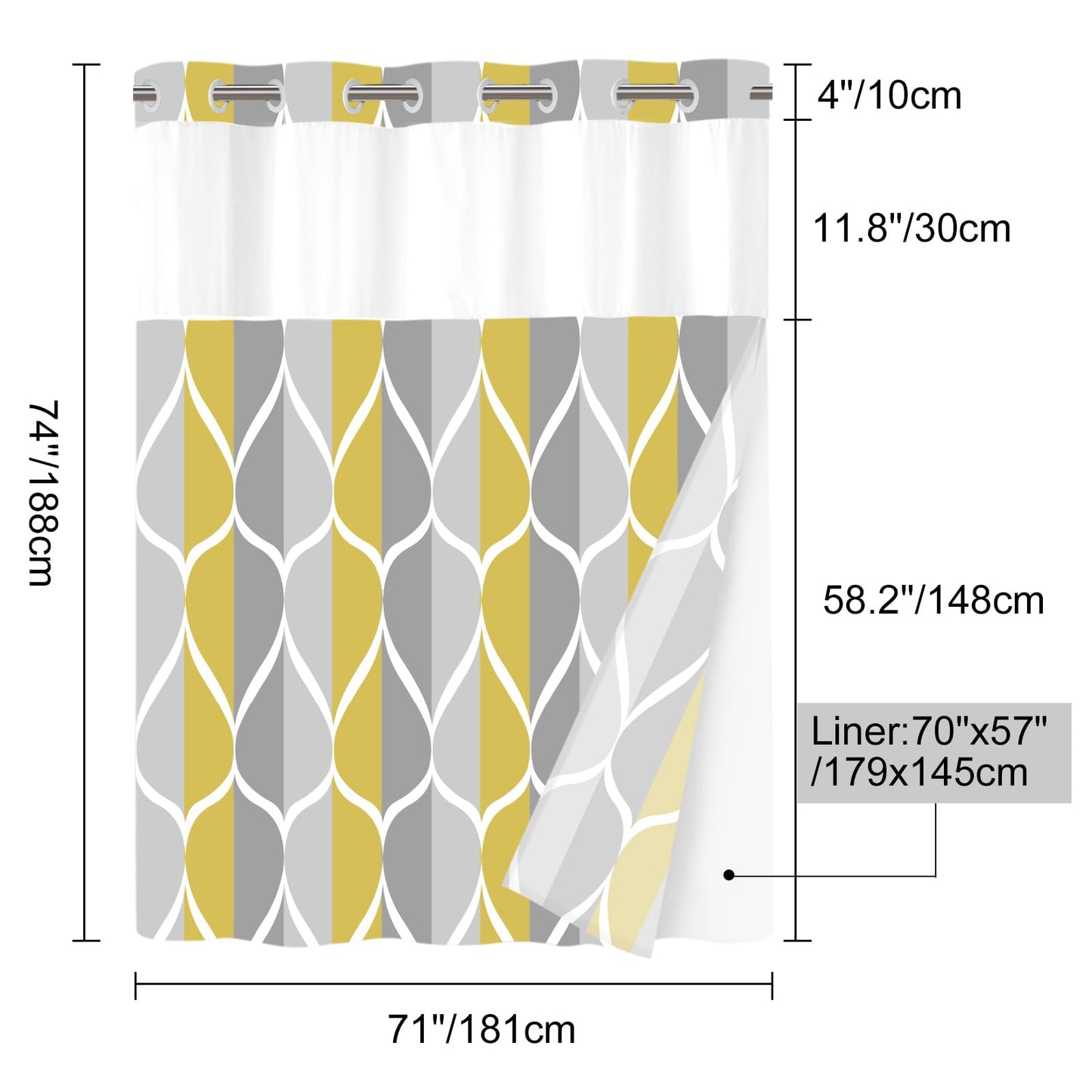 Yiatn Gray Yellow No Hook Shower Curtain with Liner Attached - Hotel Style with See Through Mesh Top Window, Modern Geometric Waterdrop Design,Water-Repellent & Washable, 71x74 INCH