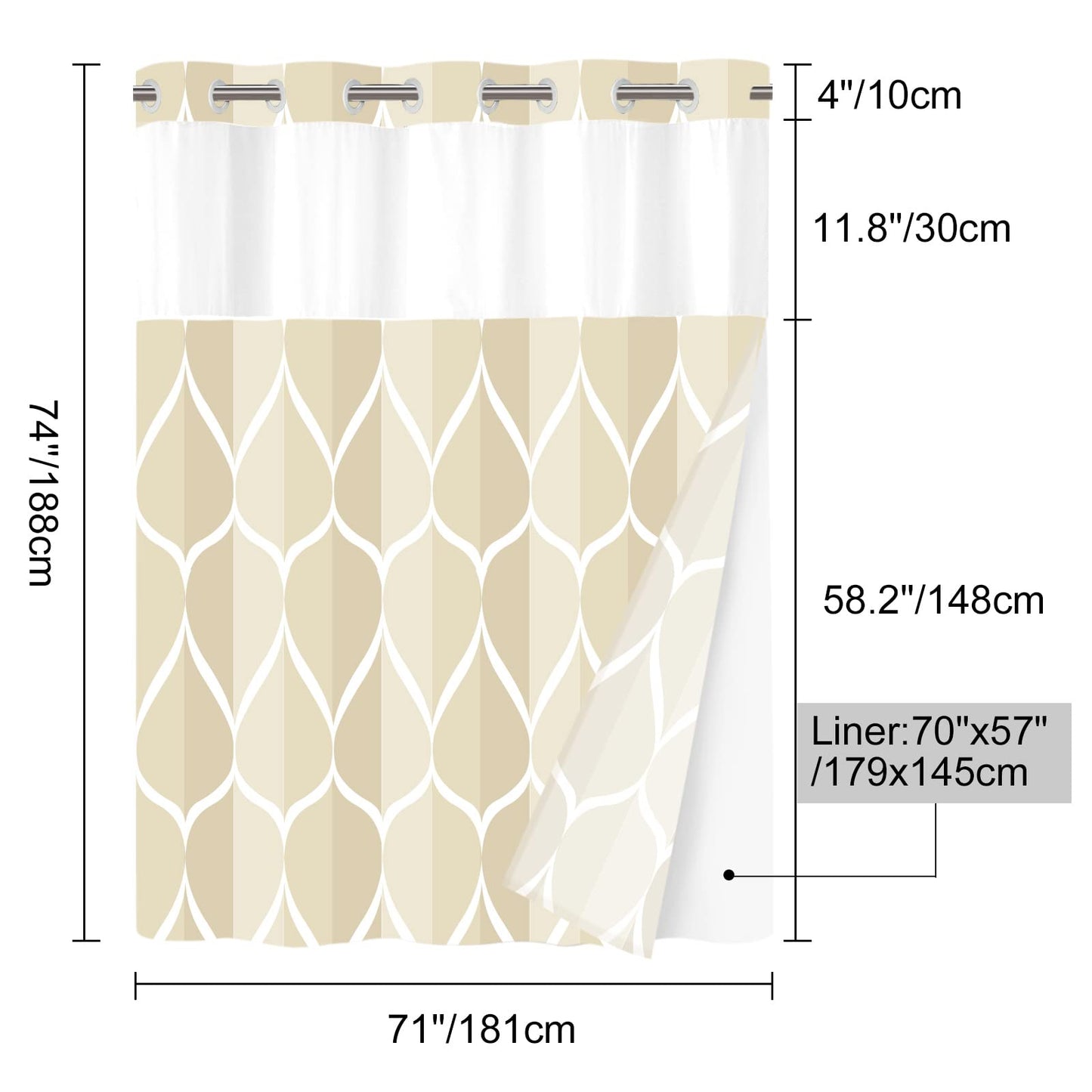 Yiatn No Hook Ivory Luxury Double Shower Curtain with Snap in Fabric Liner Set-Hotel Style with See Through Mesh Top Window, Modern Geometric Waterdrop Design,Water-Repellent & Washable,- 71x74 INCH