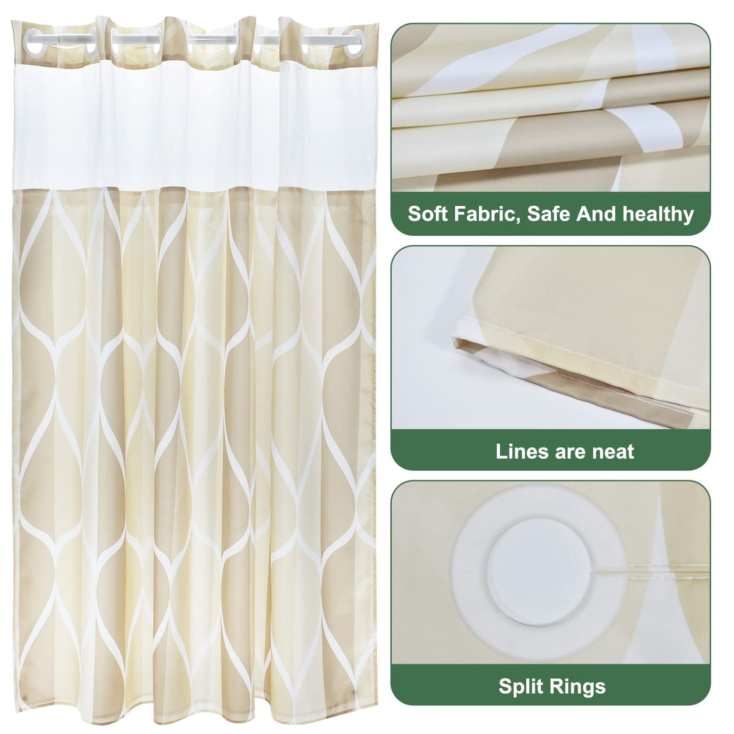 Yiatn No Hook Ivory Luxury Double Shower Curtain with Snap in Fabric Liner Set-Hotel Style with See Through Mesh Top Window, Modern Geometric Waterdrop Design,Water-Repellent & Washable,- 71x74 INCH