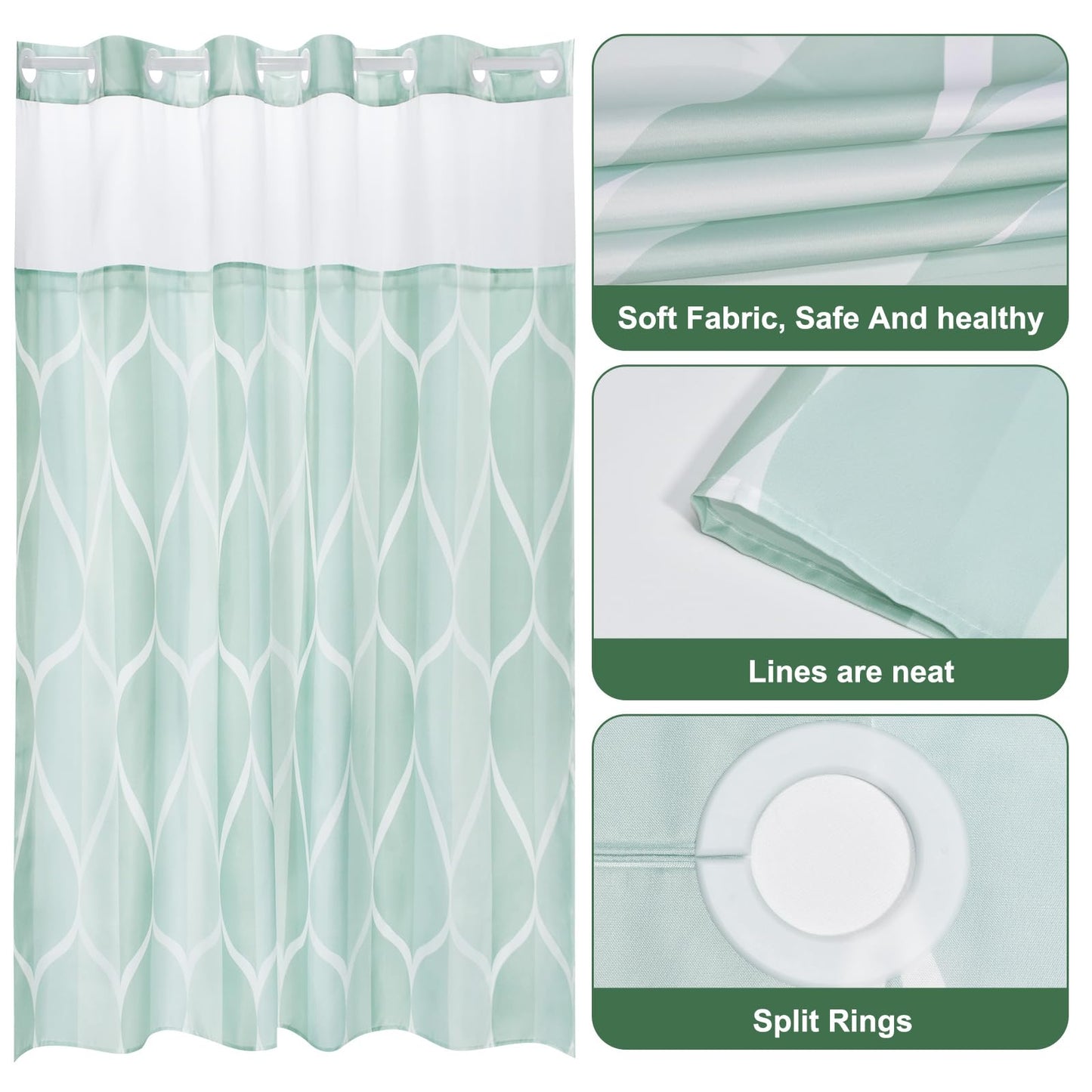 Yiatn Light Green No Hook Hotel Collection Shower Curtain - Hotel Style with See Through Mesh Top Window, Modern Geometric Waterdrop Design,Water-Repellent & Washable,- 71x74 INCH