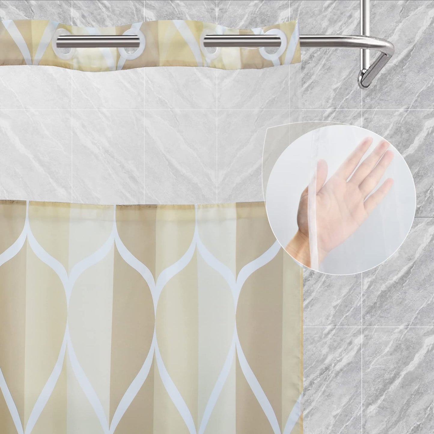 Yiatn No Hook Ivory Luxury Double Shower Curtain with Snap in Fabric Liner Set-Hotel Style with See Through Mesh Top Window, Modern Geometric Waterdrop Design,Water-Repellent & Washable,- 71x74 INCH