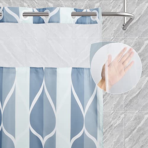 Yiatn No Hook Dark Blue Double Shower Curtain with Snap in Fabric Liner Set - Hotel Style with See Through Mesh Top Window, Modern Geometric Waterdrop Design,Water-Repellent & Washable, 71x74 INCH