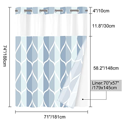 Yiatn No Hook Dark Blue Double Shower Curtain with Snap in Fabric Liner Set - Hotel Style with See Through Mesh Top Window, Modern Geometric Waterdrop Design,Water-Repellent & Washable, 71x74 INCH