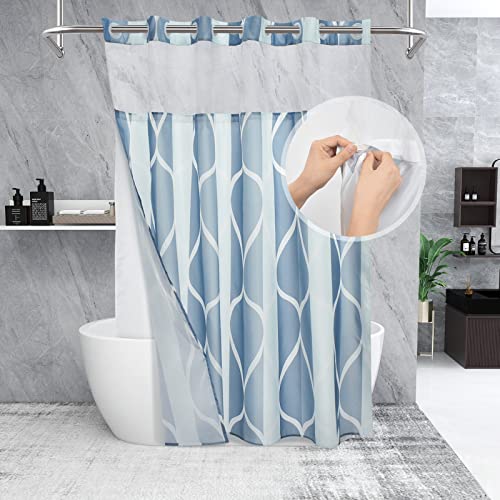 Yiatn No Hook Dark Blue Double Shower Curtain with Snap in Fabric Liner Set - Hotel Style with See Through Mesh Top Window, Modern Geometric Waterdrop Design,Water-Repellent & Washable, 71x74 INCH