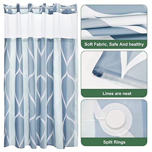 Yiatn No Hook Dark Blue Double Shower Curtain with Snap in Fabric Liner Set - Hotel Style with See Through Mesh Top Window, Modern Geometric Waterdrop Design,Water-Repellent & Washable, 71x74 INCH