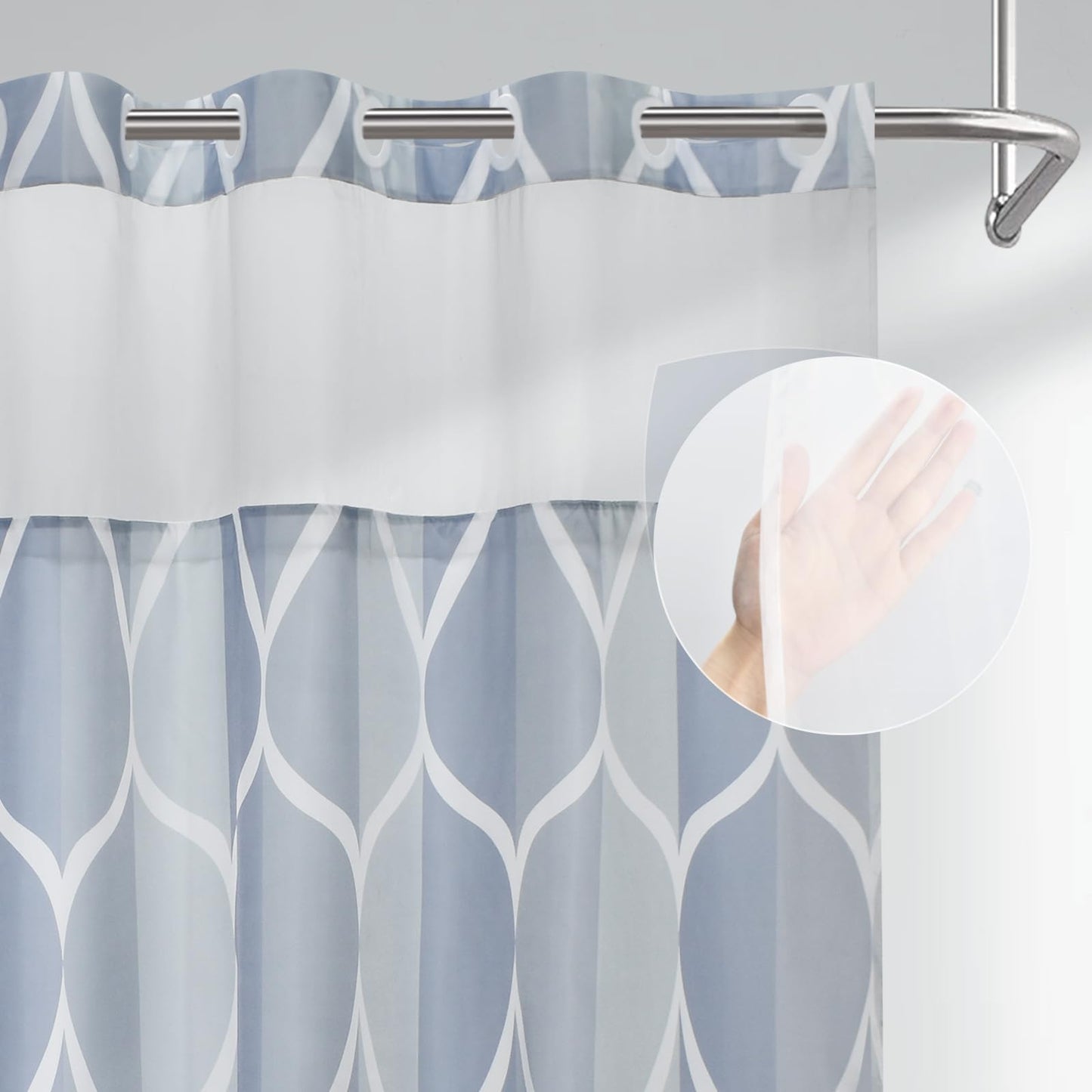 Yiatn Light Blue Hook Free Shower Curtain with Snap in Liner - Hotel Style with See Through Mesh Top Window, Modern Geometric Waterdrop Design,Water-Repellent & Washable,- 71x74 INCH