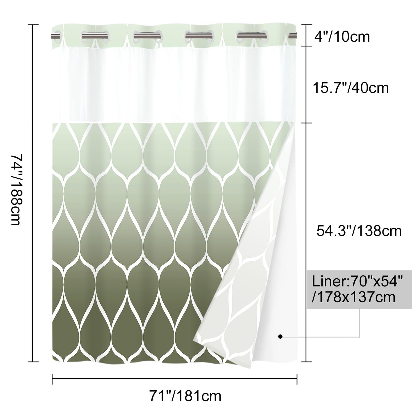 Yiatn No Hook Ombre Sage Green Shower Curtain with Snap in Fabric Liner Set - Hotel Style with See Through Mesh Top Window, Modern Geometric Waterdrop Design,Water-Repellent & Washable, 71x74 INCH