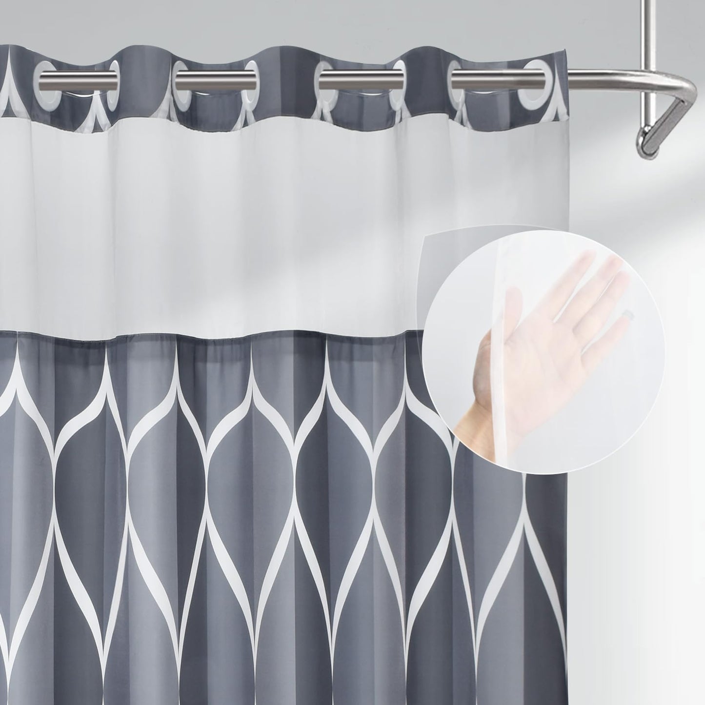 Yiatn Grey Blue No Hook Shower Curtain with Snap in Liner - Hotel Style with See Through Mesh Top Window, Modern Geometric Waterdrop Design,Water-Repellent & Washable,- 71x74 INCH