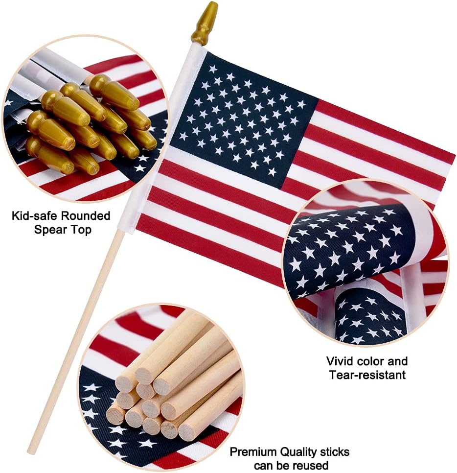 Yiatn 12 Pack Small American Flags on Stick Small US Flags/Mini American Flags for Outside 4x6 Inch American Hand Held Stick Flags with Kid-Safe Spear Top, Patriotic Veterans Day Decorations, 4th of July Decorations