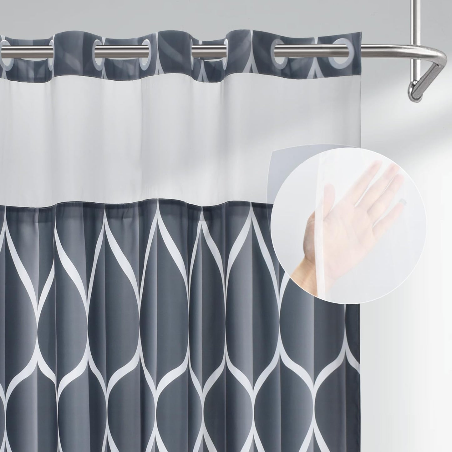 Yiatn Dark Grey Ringless Shower Curtain with Snap in Liner - Hotel Style with See Through Mesh Top Window, Modern Geometric Waterdrop Design,Water-Repellent & Washable,- 71x74 INCH