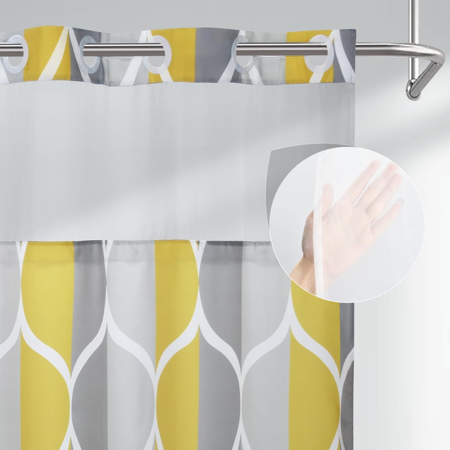 Yiatn Gray Yellow No Hook Shower Curtain with Liner Attached - Hotel Style with See Through Mesh Top Window, Modern Geometric Waterdrop Design,Water-Repellent & Washable, 71x74 INCH