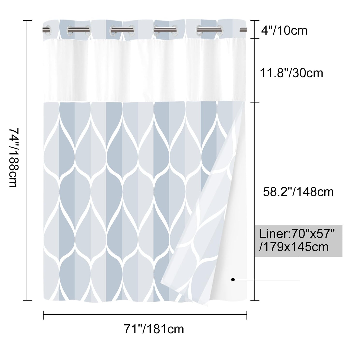 Yiatn Light Blue Hook Free Shower Curtain with Snap in Liner - Hotel Style with See Through Mesh Top Window, Modern Geometric Waterdrop Design,Water-Repellent & Washable,- 71x74 INCH