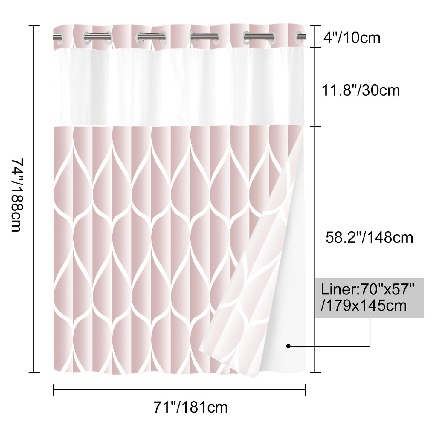 Yiatn No Hook Rosewater Pink Shower Curtain with Snap in Fabric Liner Set - Hotel Style with See Through Mesh Top Window, Modern Geometric Waterdrop Design,Water-Repellent & Washable, 71x74 INCH