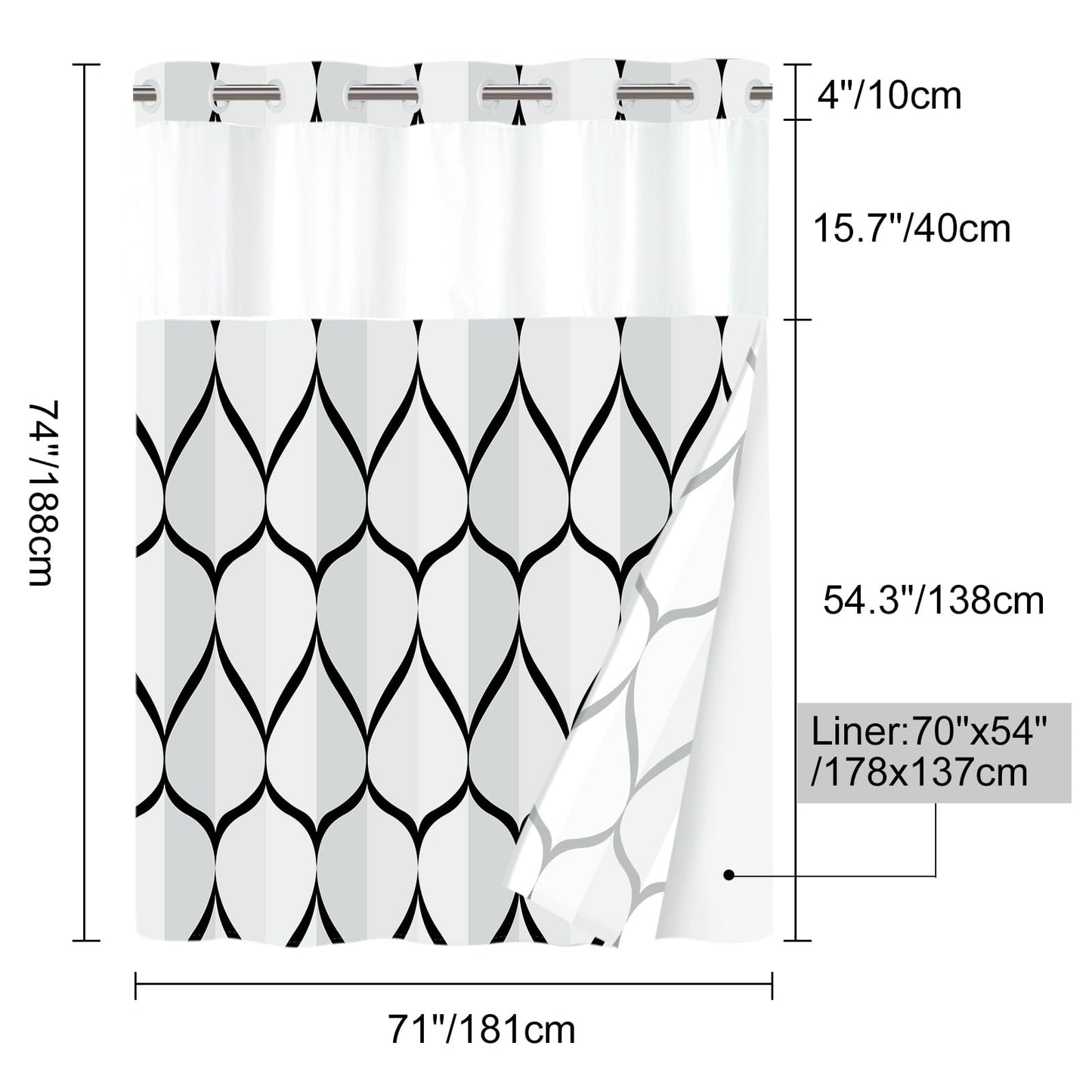 Yiatn No Hook Needed White Shower Curtain with Snap in Fabric Liner Set - Hotel Style with See Through Mesh Top Window, Modern Geometric Waterdrop Design,Water-Repellent & Washable, 71x74 INCH