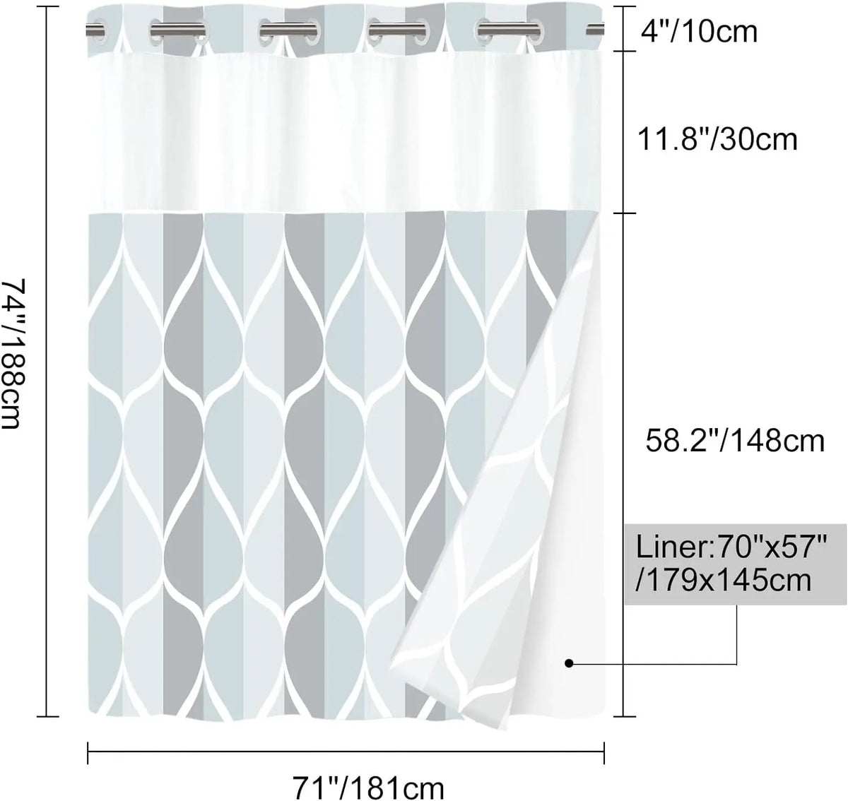Hotel Style Geometric Waterdrop Design 71x74 inch,Ringless Shower Curtain