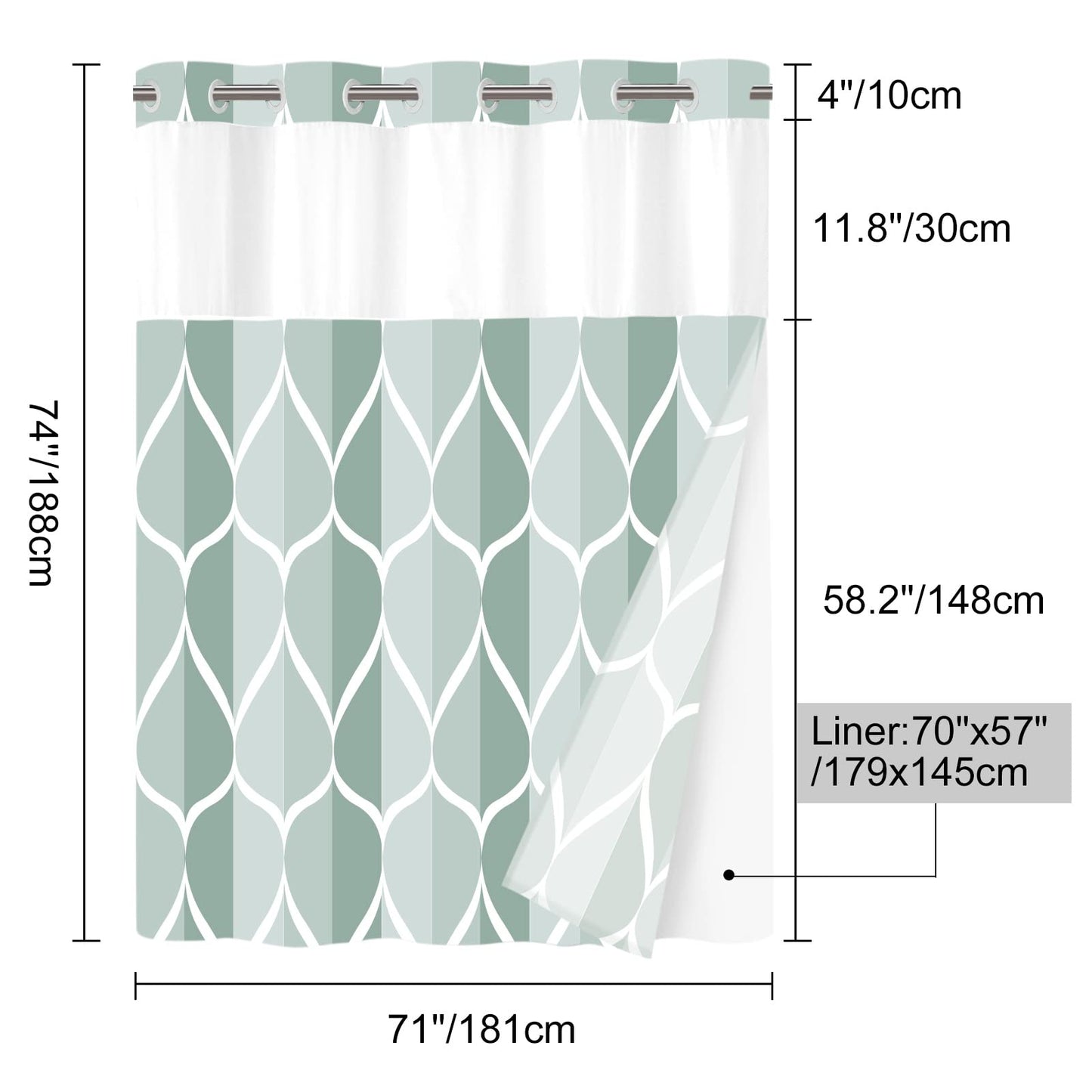 Yiatn No Hook Dark Green Double Shower Curtain with Snap in Fabric Liner Set - Hotel Style with See Through Mesh Top Window, Modern Geometric Waterdrop Design,Water-Repellent & Washable, 71x74 INCH