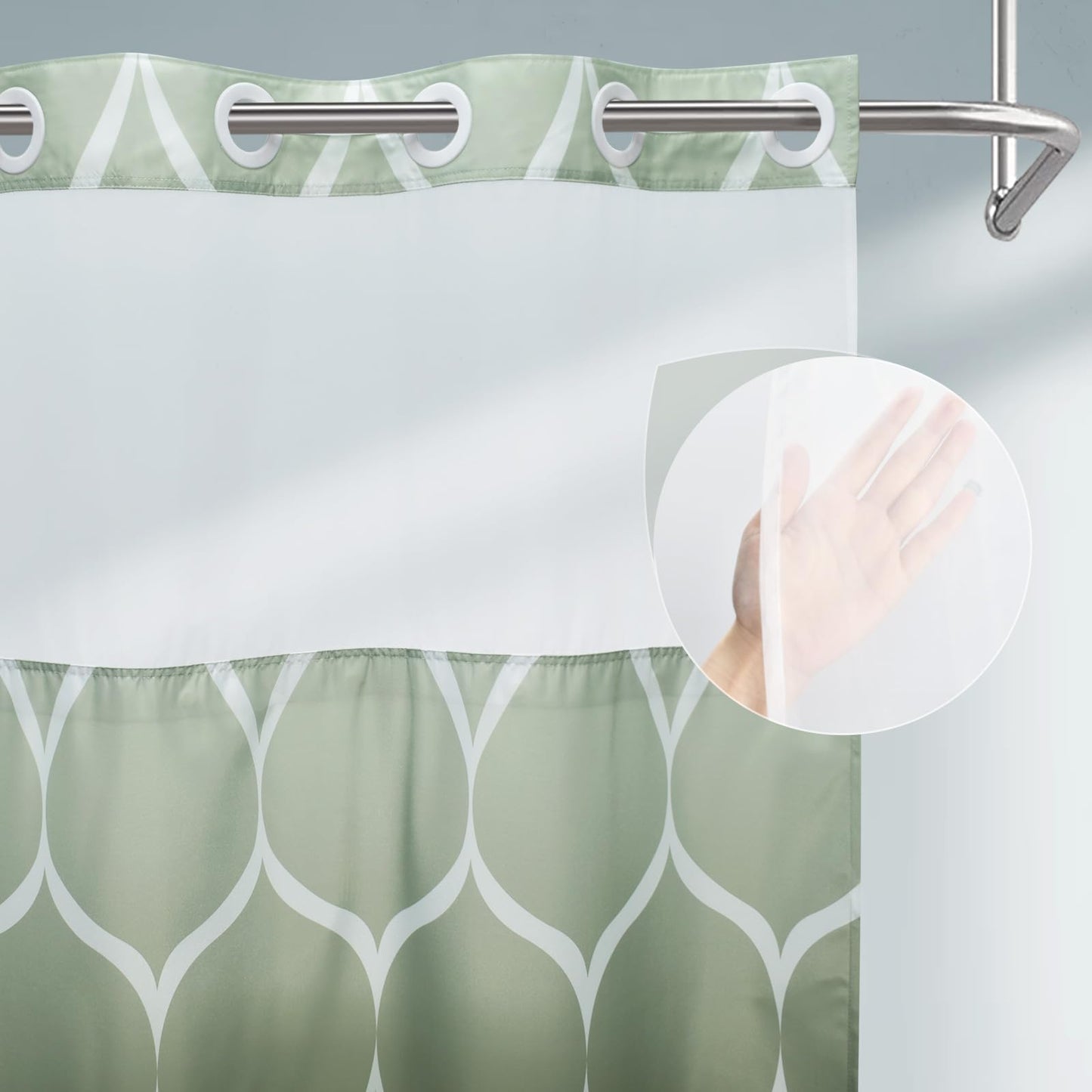 Yiatn No Hook Ombre Sage Green Shower Curtain with Snap in Fabric Liner Set - Hotel Style with See Through Mesh Top Window, Modern Geometric Waterdrop Design,Water-Repellent & Washable, 71x74 INCH