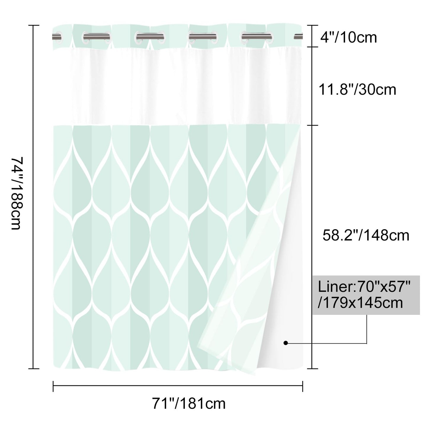 Yiatn Light Green No Hook Hotel Collection Shower Curtain - Hotel Style with See Through Mesh Top Window, Modern Geometric Waterdrop Design,Water-Repellent & Washable,- 71x74 INCH