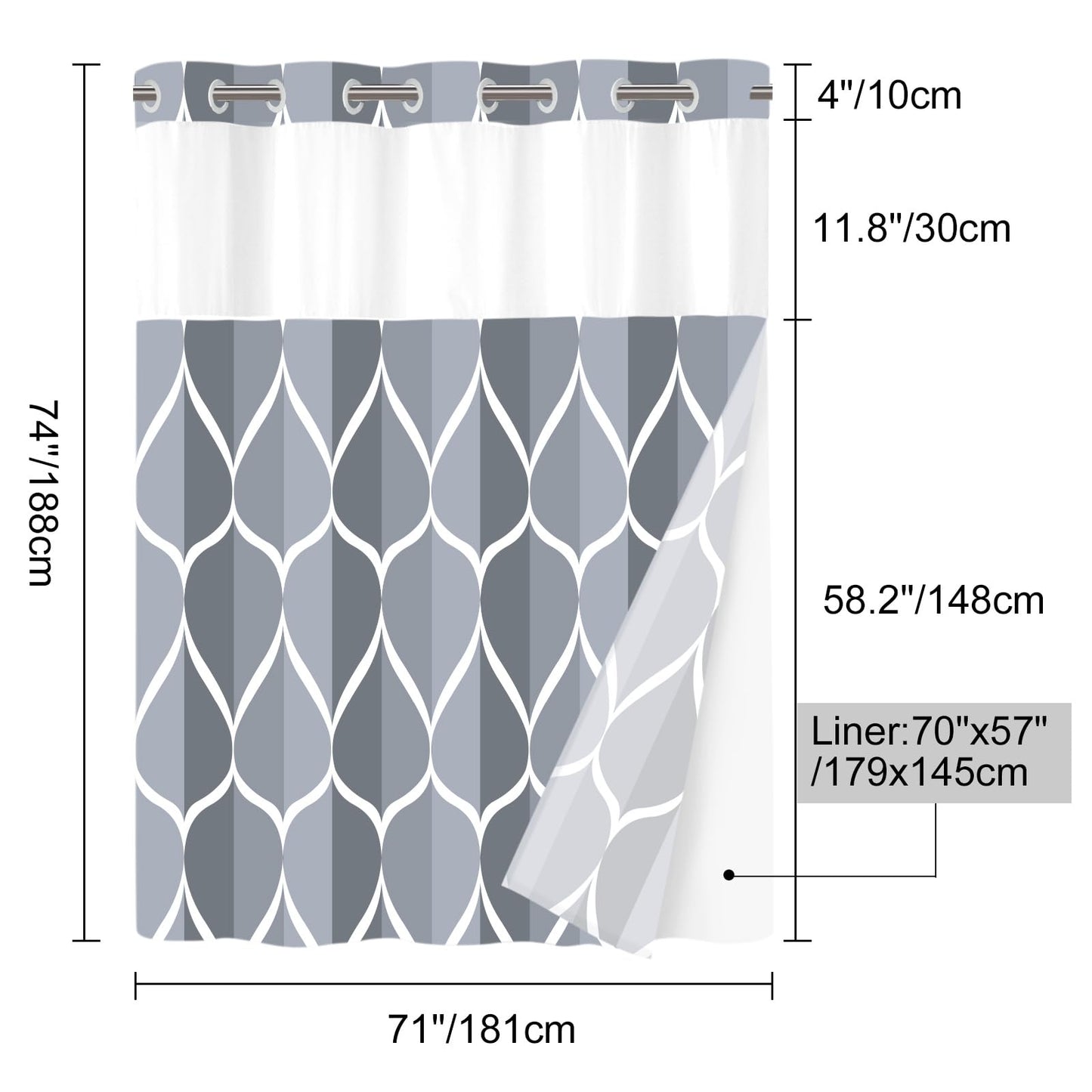 Yiatn Grey Blue No Hook Shower Curtain with Snap in Liner - Hotel Style with See Through Mesh Top Window, Modern Geometric Waterdrop Design,Water-Repellent & Washable,- 71x74 INCH