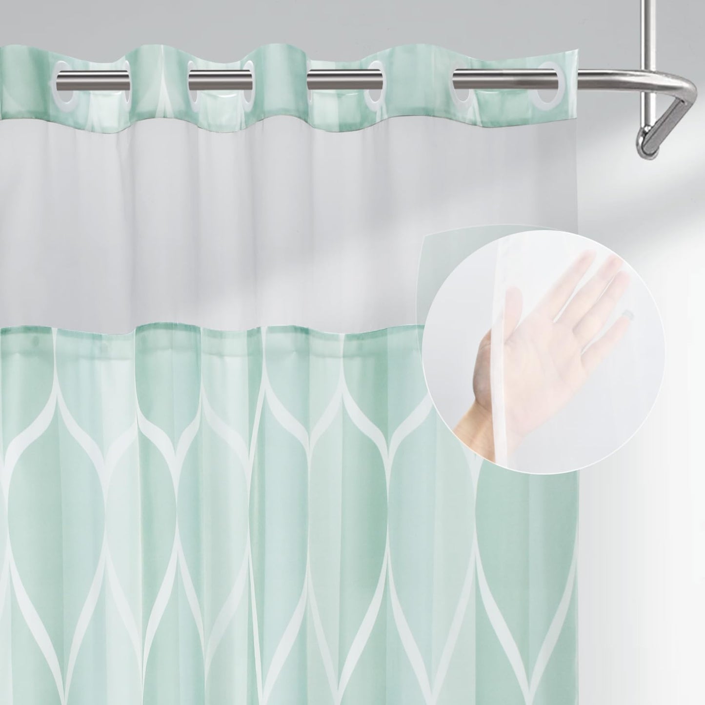 Yiatn Light Green No Hook Hotel Collection Shower Curtain - Hotel Style with See Through Mesh Top Window, Modern Geometric Waterdrop Design,Water-Repellent & Washable,- 71x74 INCH