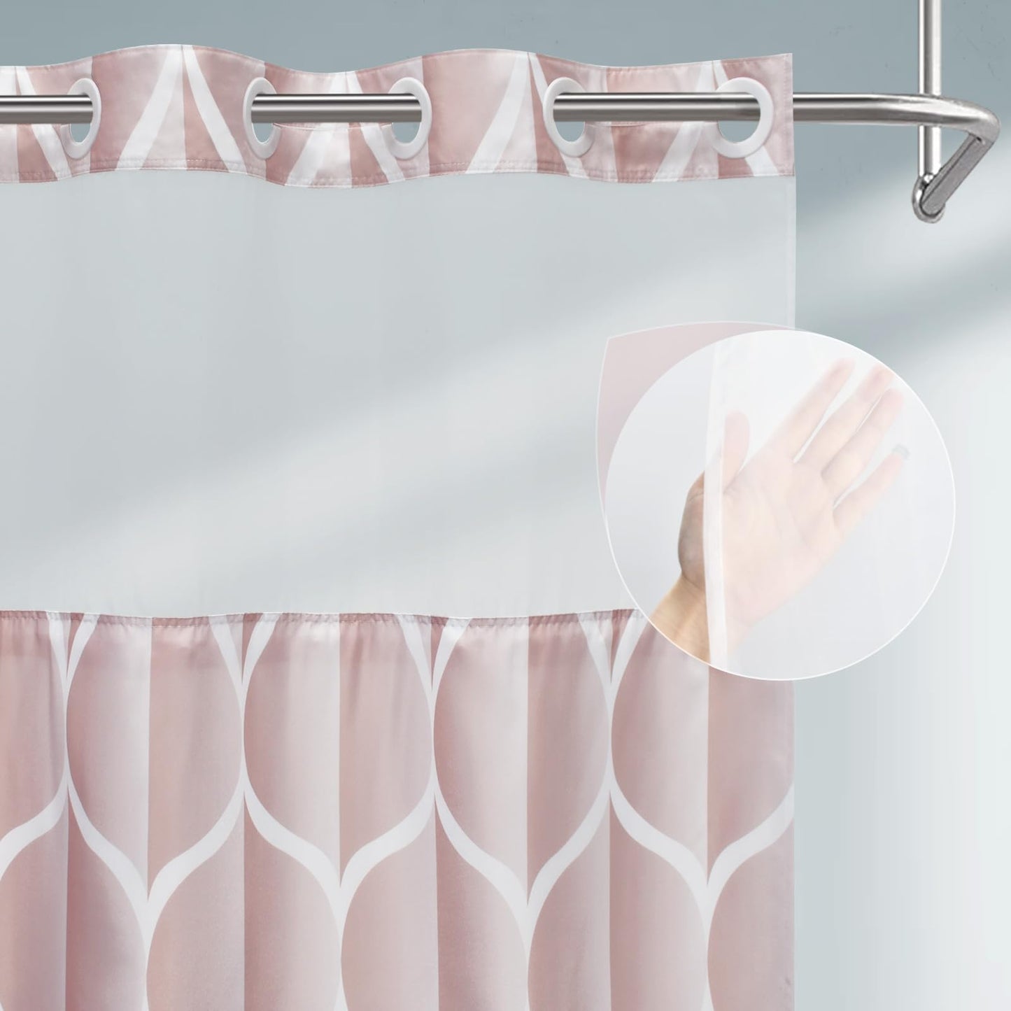 Yiatn No Hook Rosewater Pink Shower Curtain with Snap in Fabric Liner Set - Hotel Style with See Through Mesh Top Window, Modern Geometric Waterdrop Design,Water-Repellent & Washable, 71x74 INCH