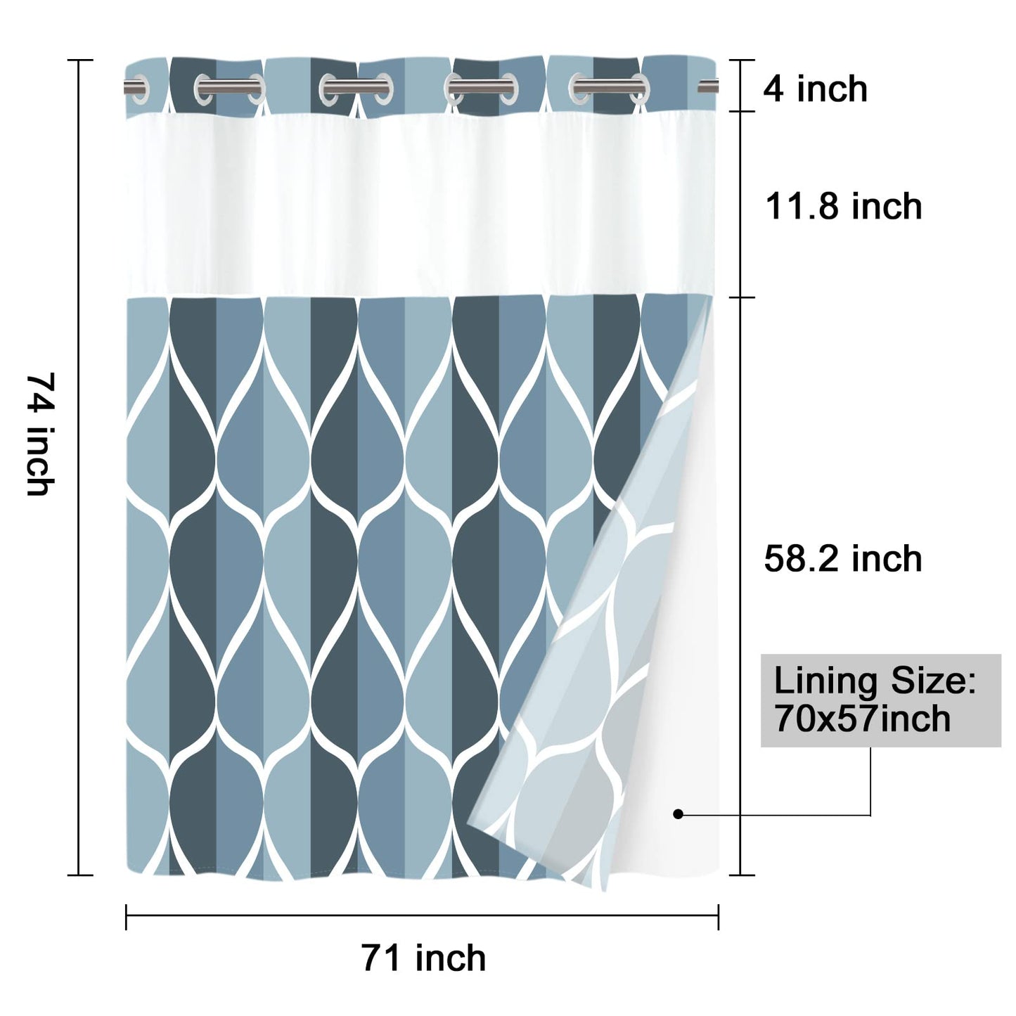 Yiatn No Hook Aegean Blue Shower Curtain with Snap in Fabric Liner Set - Hotel Style with See Through Mesh Top Window, Modern Geometric Waterdrop Design,Water-Repellent & Washable, 71x74 INCH