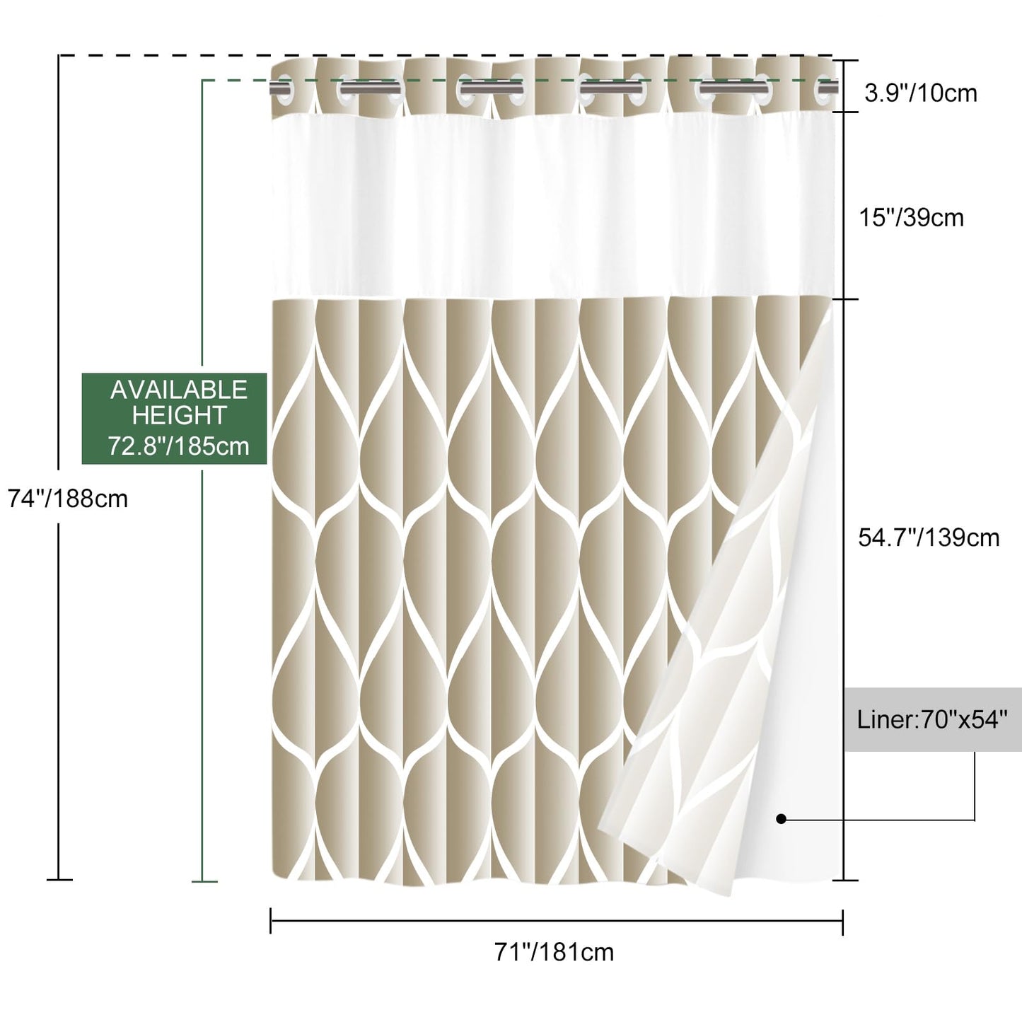 Yiatn No Hook Cream Shower Curtain with Snap in Fabric Liner Set - Hotel Style with See Through Mesh Top Window, Modern Geometric Waterdrop Design,Water-Repellent & Washable, 71x74 INCH