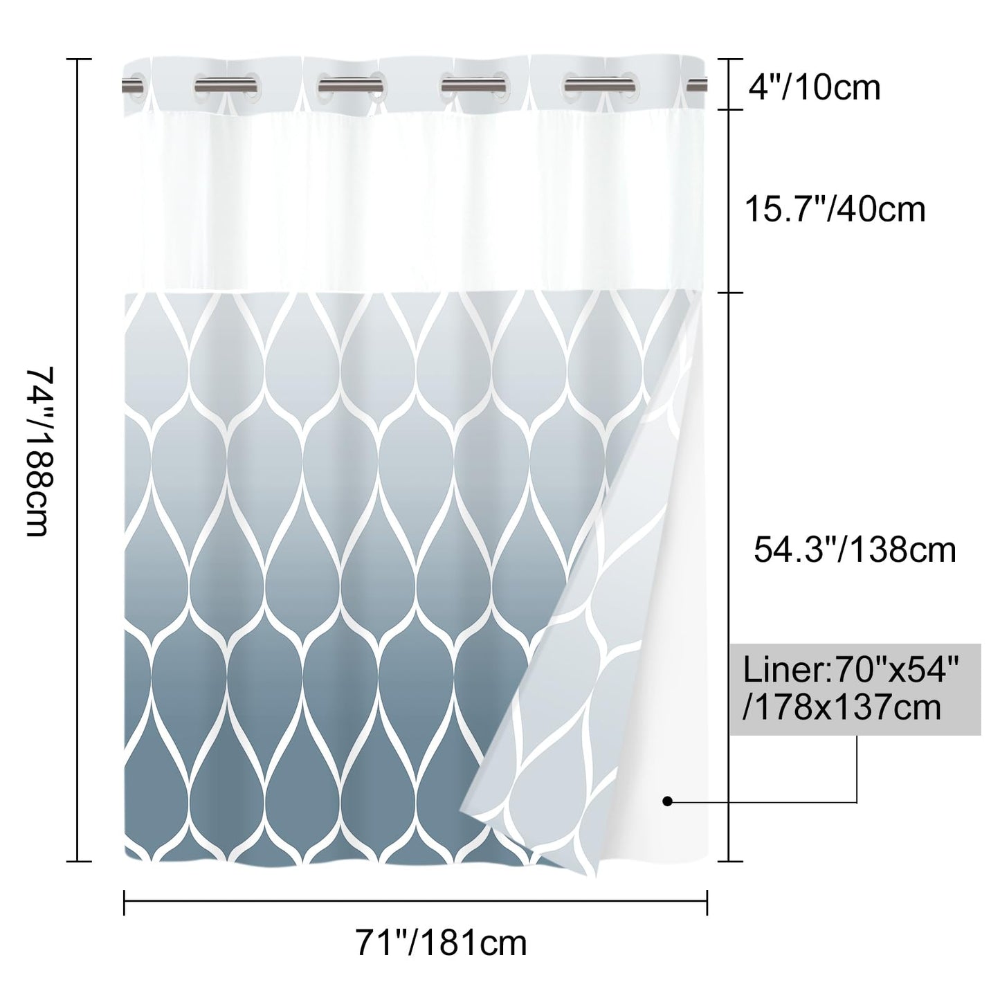 Yiatn No Hook Ombre Aegean Blue Shower Curtain with Snap in Fabric Liner Set - Hotel Style with See Through Mesh Top Window, Modern Geometric Waterdrop Design,Water-Repellent & Washable, 71x74 INCH