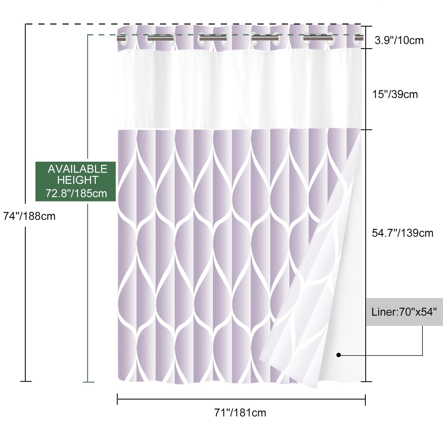 Yiatn No Hook Plum Shower Curtain with Snap in Fabric Liner Set - Hotel Style with See Through Mesh Top Window, Modern Geometric Waterdrop Design,Water-Repellent & Washable, 71x74 INCH