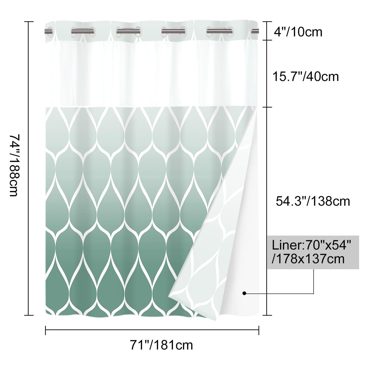 Yiatn No Hook Ombre Teal Shower Curtain with Snap in Fabric Liner Set - Hotel Style with See Through Mesh Top Window, Modern Geometric Waterdrop Design,Water-Repellent & Washable, 71x74 INCH