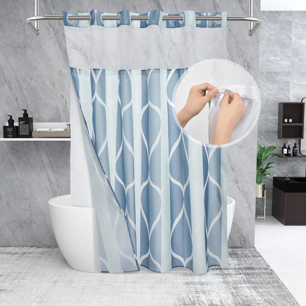 Hotel Style Geometric Waterdrop Design 71x74 inch,Ringless Shower Curtain