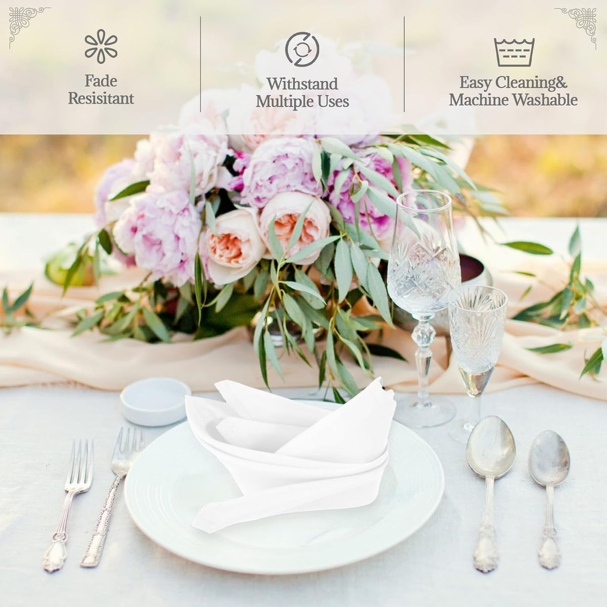 Yiatn White Heavy Duty Cloth Napkins - 17 x 17 Inch Solid Washable Polyester Dinner Napkins - Set of 8 Napkins with Hemmed Edges - Great for Weddings, Parties, Banquets Dinner & More