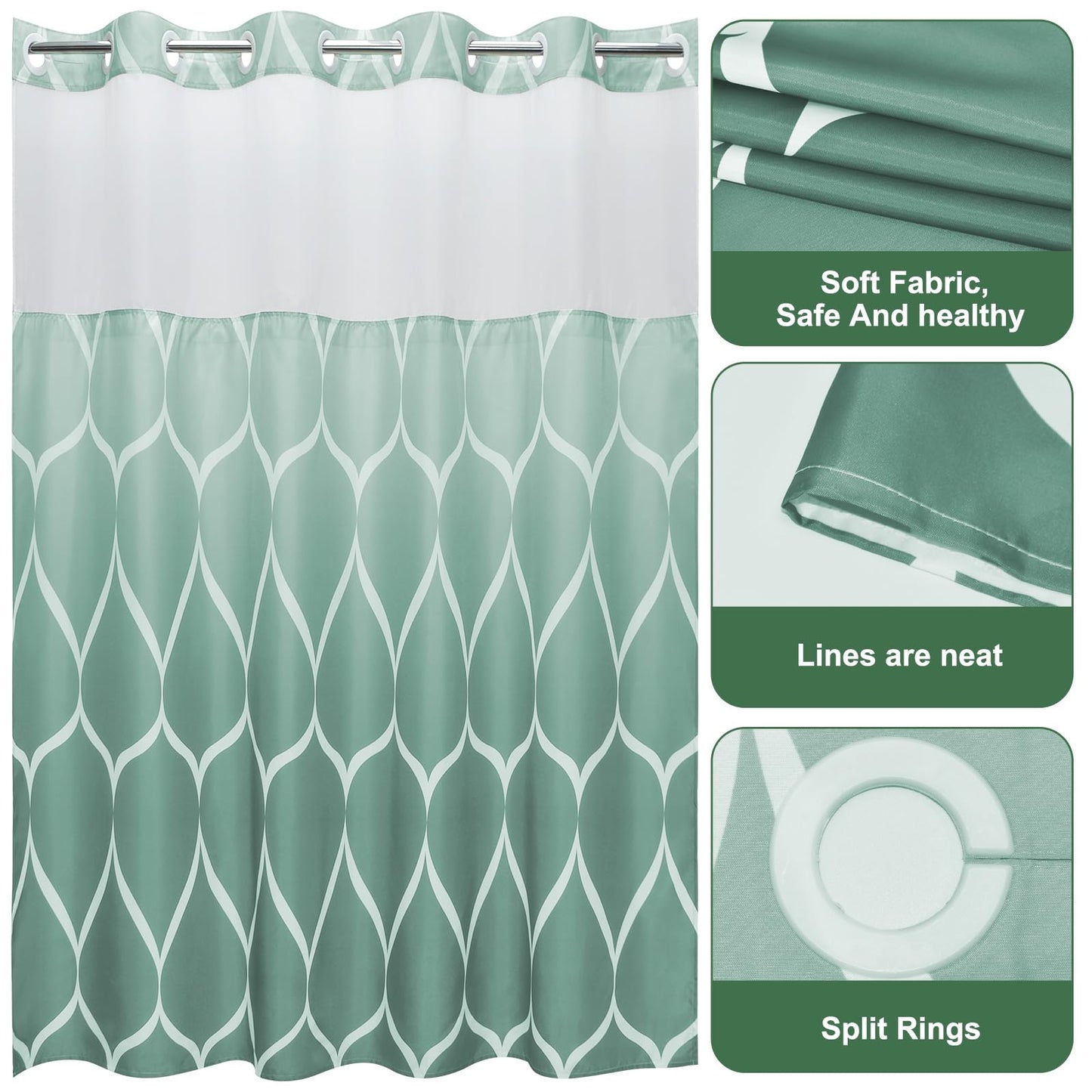 Yiatn No Hook Ombre Teal Shower Curtain with Snap in Fabric Liner Set - Hotel Style with See Through Mesh Top Window, Modern Geometric Waterdrop Design,Water-Repellent & Washable, 71x74 INCH