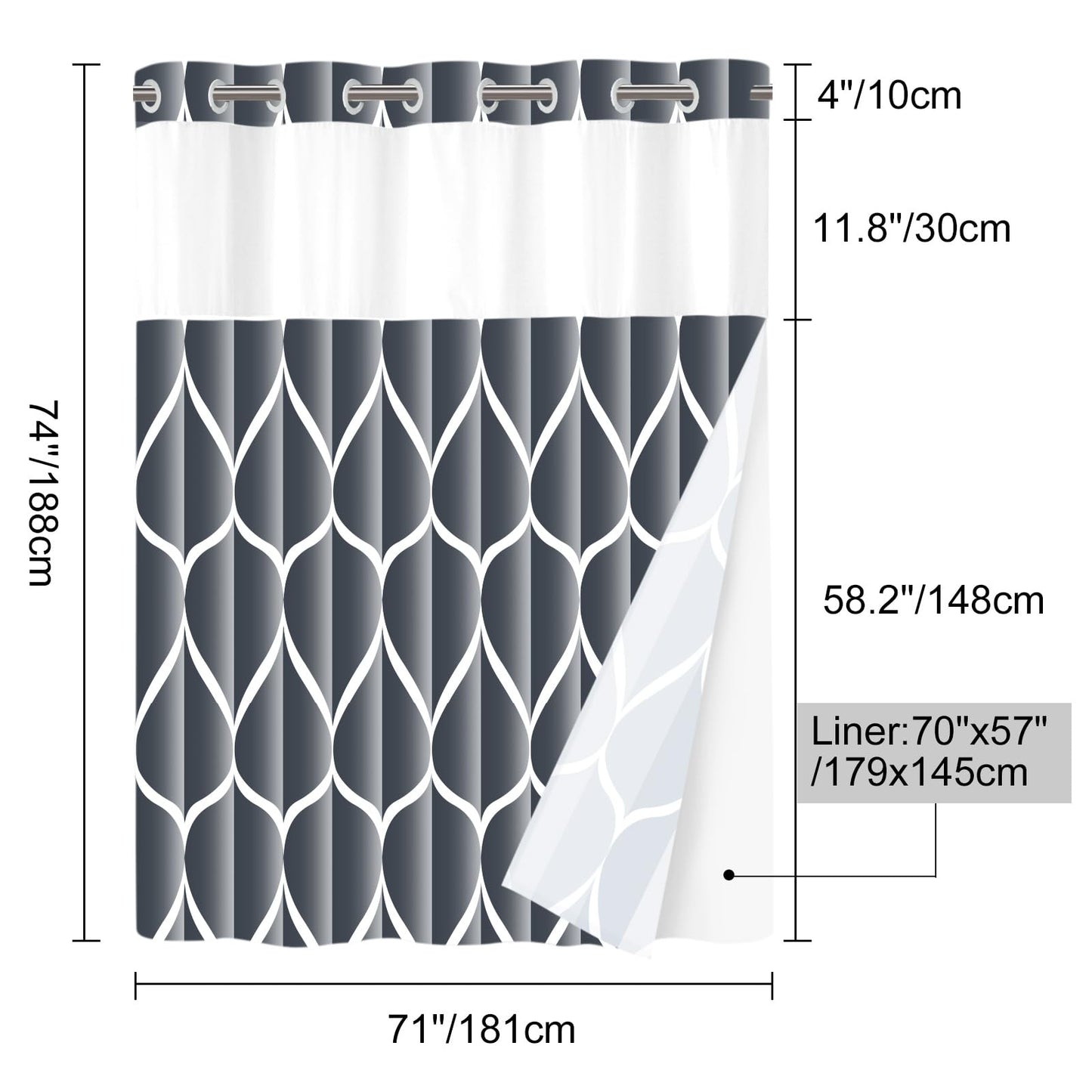 Yiatn Dark Grey Ringless Shower Curtain with Snap in Liner - Hotel Style with See Through Mesh Top Window, Modern Geometric Waterdrop Design,Water-Repellent & Washable,- 71x74 INCH