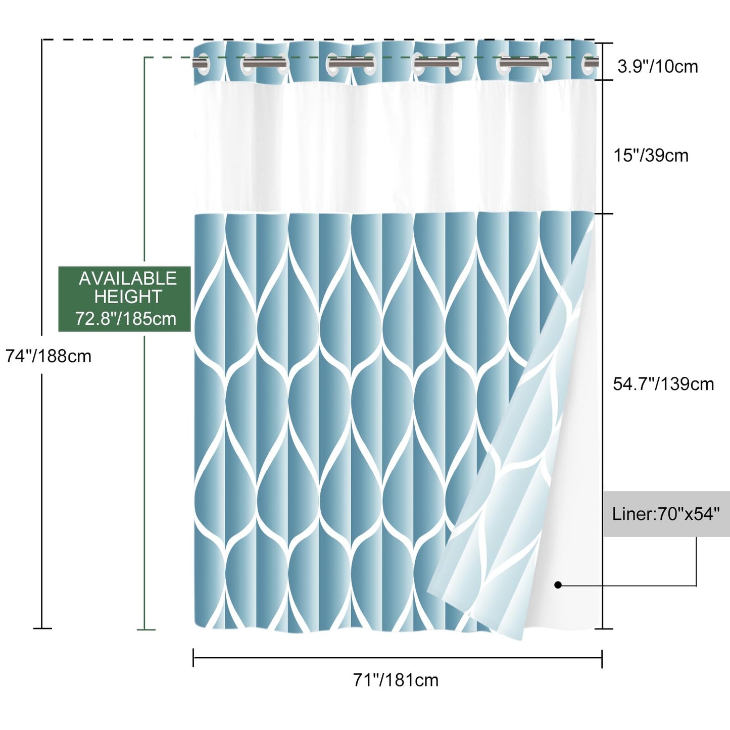 Yiatn No Hook Moonlight Blue Shower Curtain with Snap in Fabric Liner Set - Hotel Style with See Through Mesh Top Window, Modern Geometric Waterdrop Design,Water-Repellent & Washable, 71x74 INCH