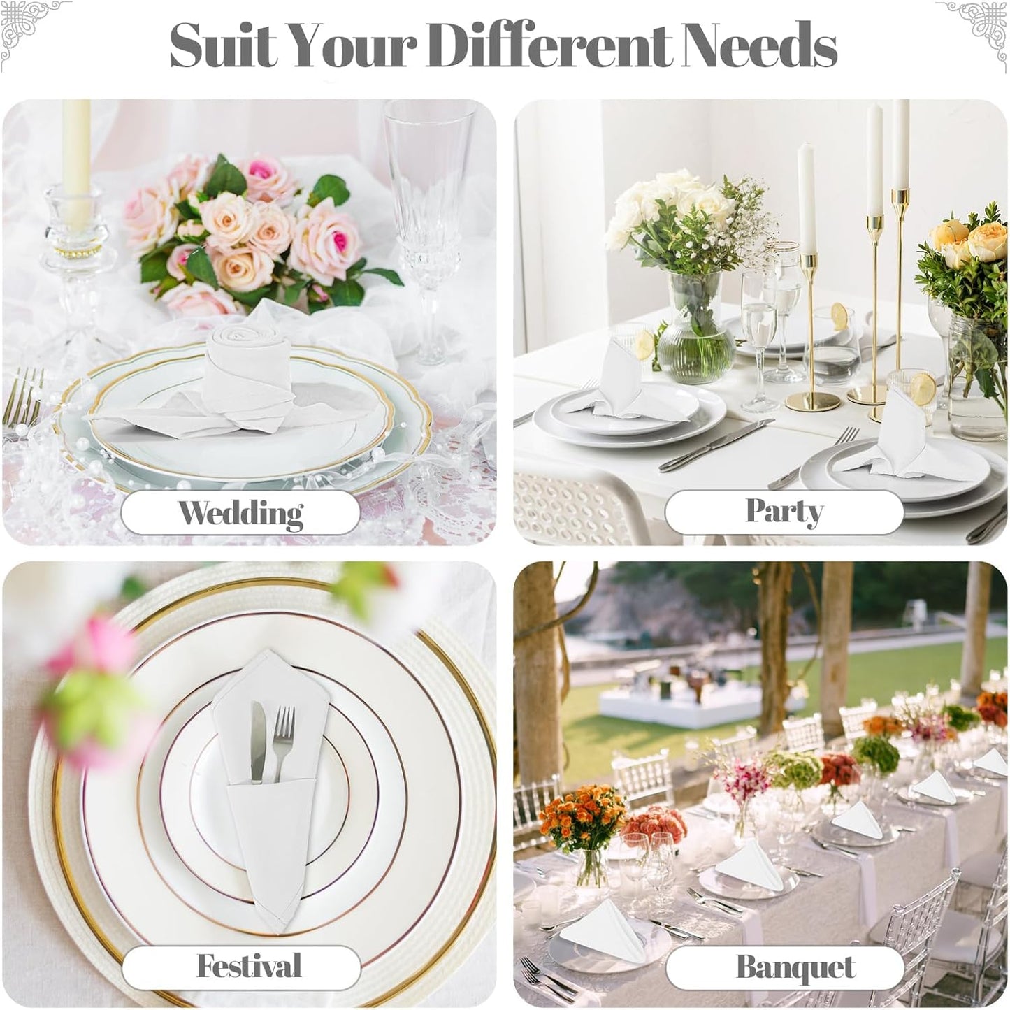 Yiatn White Heavy Duty Cloth Napkins - 17 x 17 Inch Solid Washable Polyester Dinner Napkins - Set of 8 Napkins with Hemmed Edges - Great for Weddings, Parties, Banquets Dinner & More