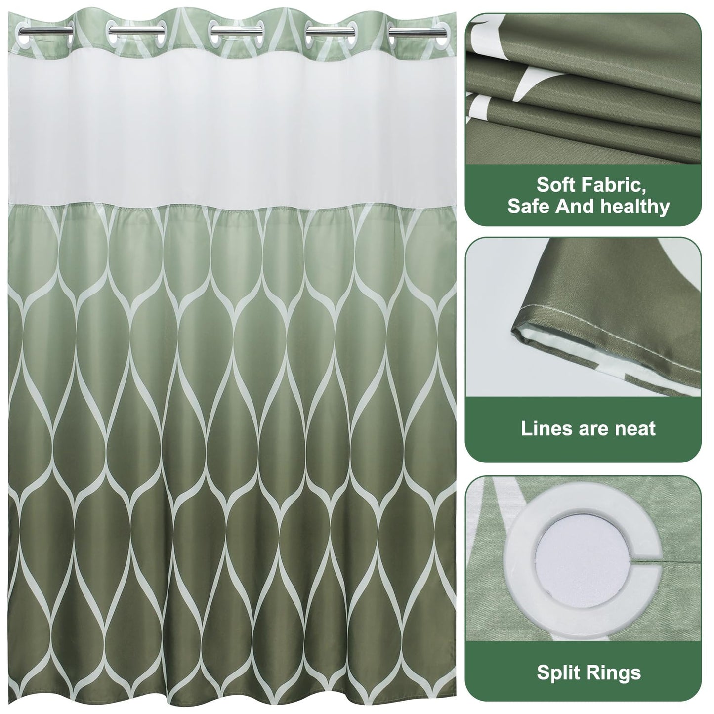 Yiatn No Hook Ombre Sage Green Shower Curtain with Snap in Fabric Liner Set - Hotel Style with See Through Mesh Top Window, Modern Geometric Waterdrop Design,Water-Repellent & Washable, 71x74 INCH