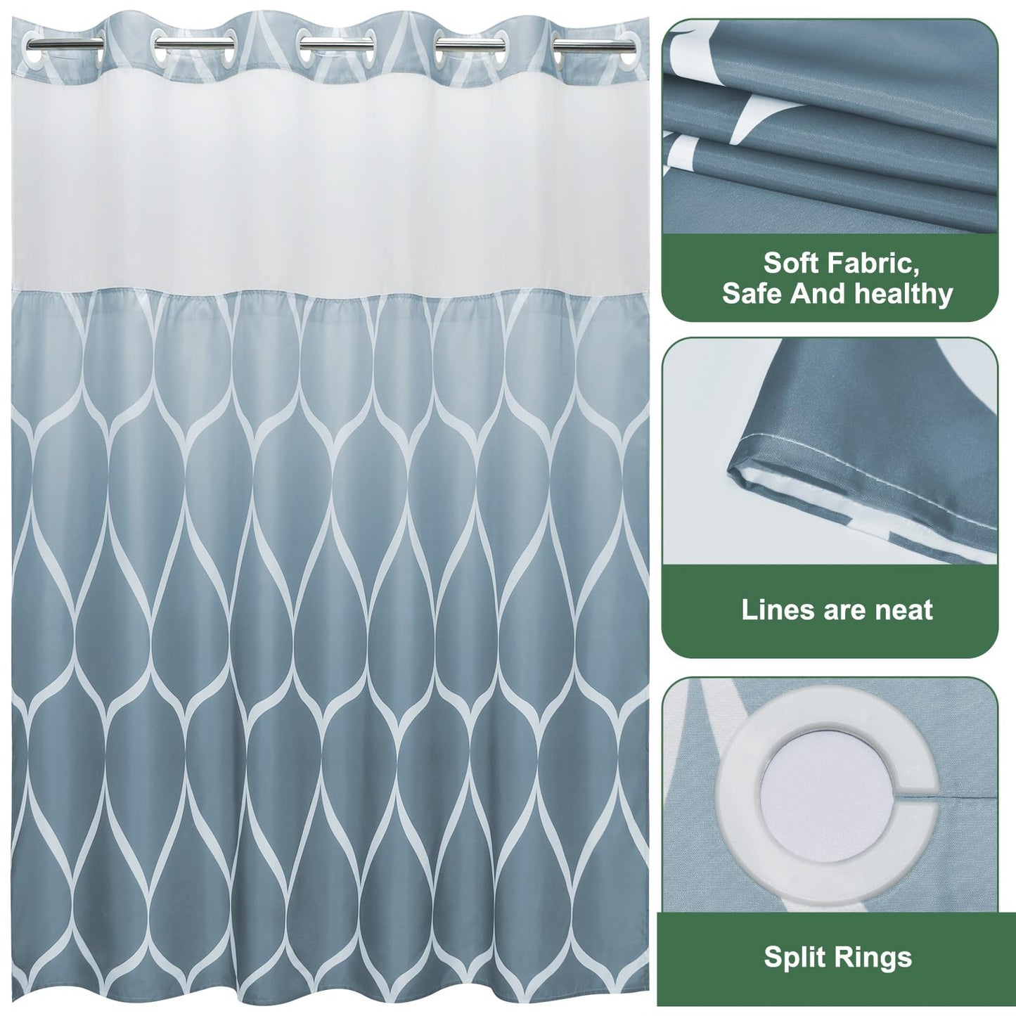 Yiatn No Hook Ombre Aegean Blue Shower Curtain with Snap in Fabric Liner Set - Hotel Style with See Through Mesh Top Window, Modern Geometric Waterdrop Design,Water-Repellent & Washable, 71x74 INCH