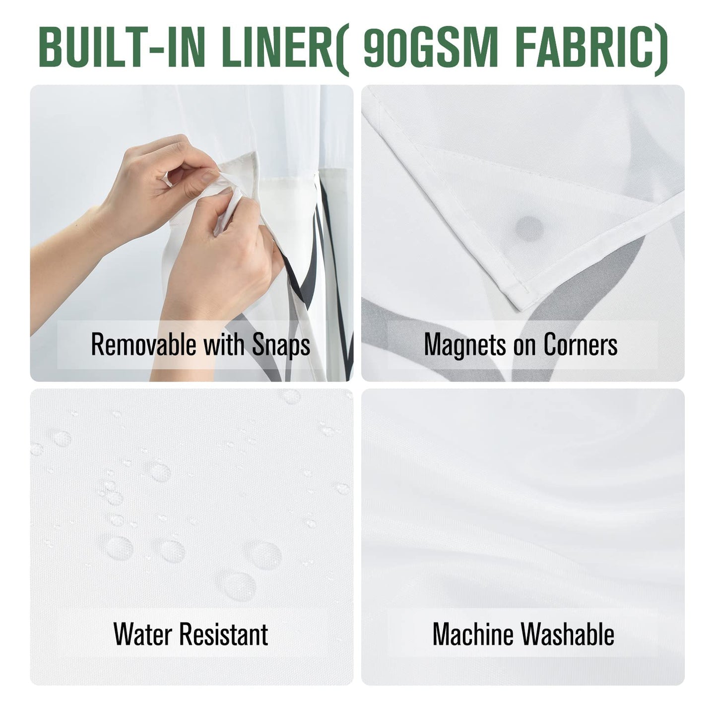 Yiatn No Hook Needed White Shower Curtain with Snap in Fabric Liner Set - Hotel Style with See Through Mesh Top Window, Modern Geometric Waterdrop Design,Water-Repellent & Washable, 71x74 INCH