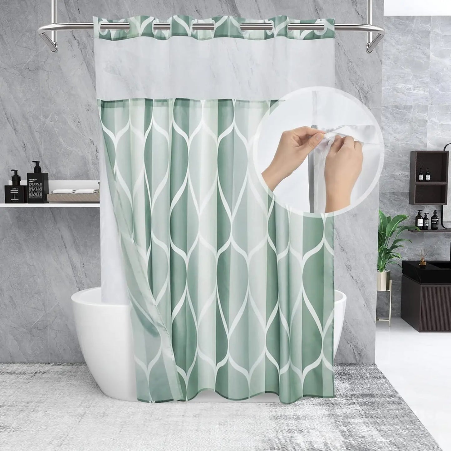 Hotel Style Geometric Waterdrop Design 71x74 inch,Ringless Shower Curtain