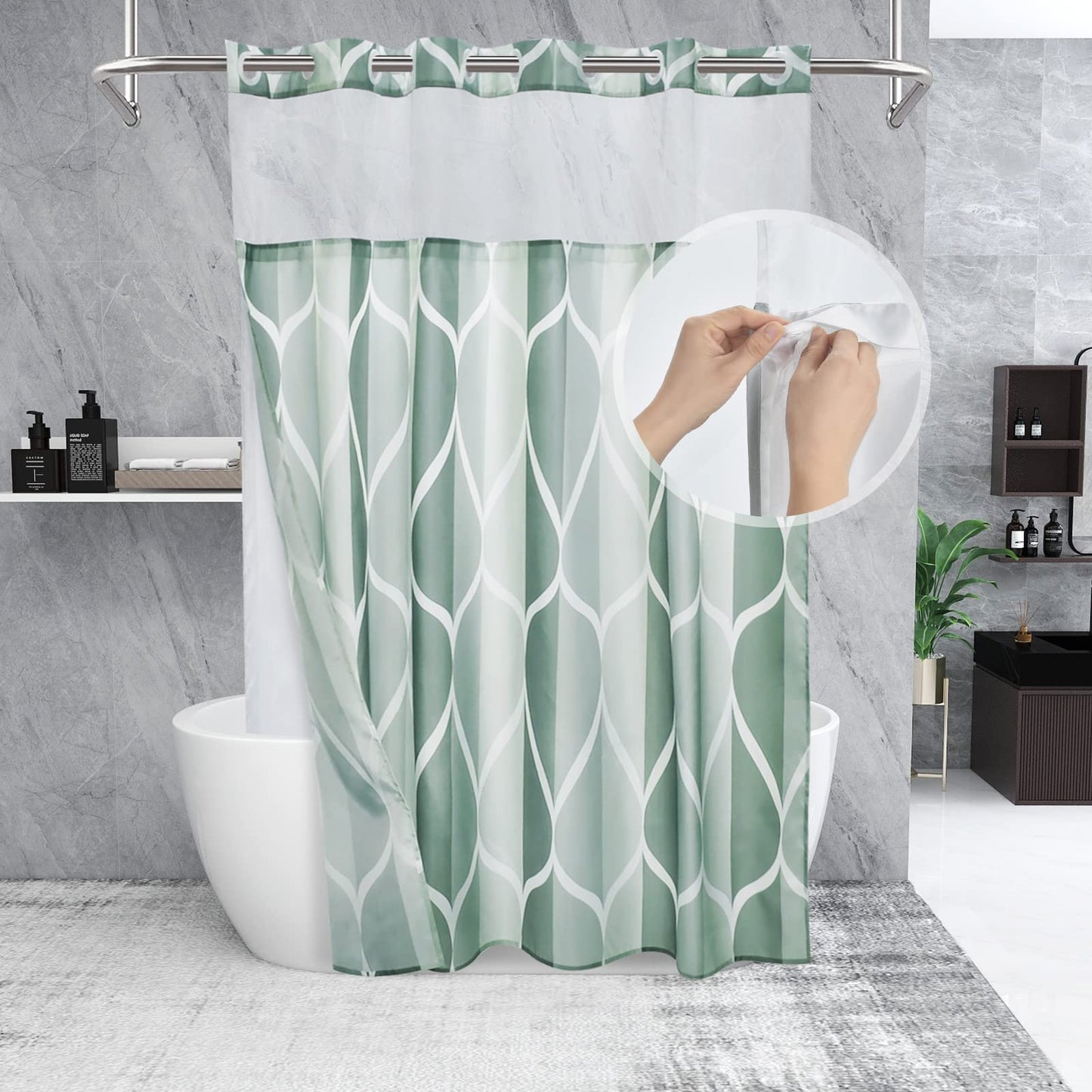 Yiatn No Hook Dark Green Double Shower Curtain with Snap in Fabric Liner Set - Hotel Style with See Through Mesh Top Window, Modern Geometric Waterdrop Design,Water-Repellent & Washable, 71x74 INCH