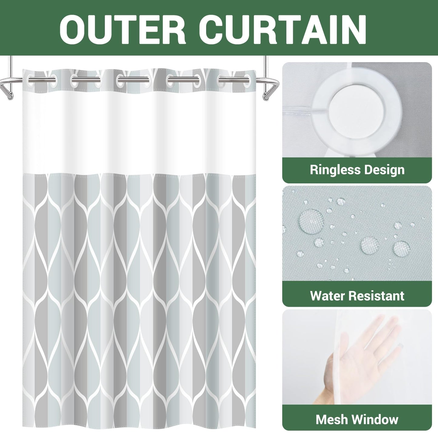 Yiatn No Hook Grey Shower Curtain with Snap in Fabric Liner Set - Hotel Style with See Through Mesh Top Window, Modern Geometric Waterdrop Design,Water-Repellent & Washable, 71x74 INCH