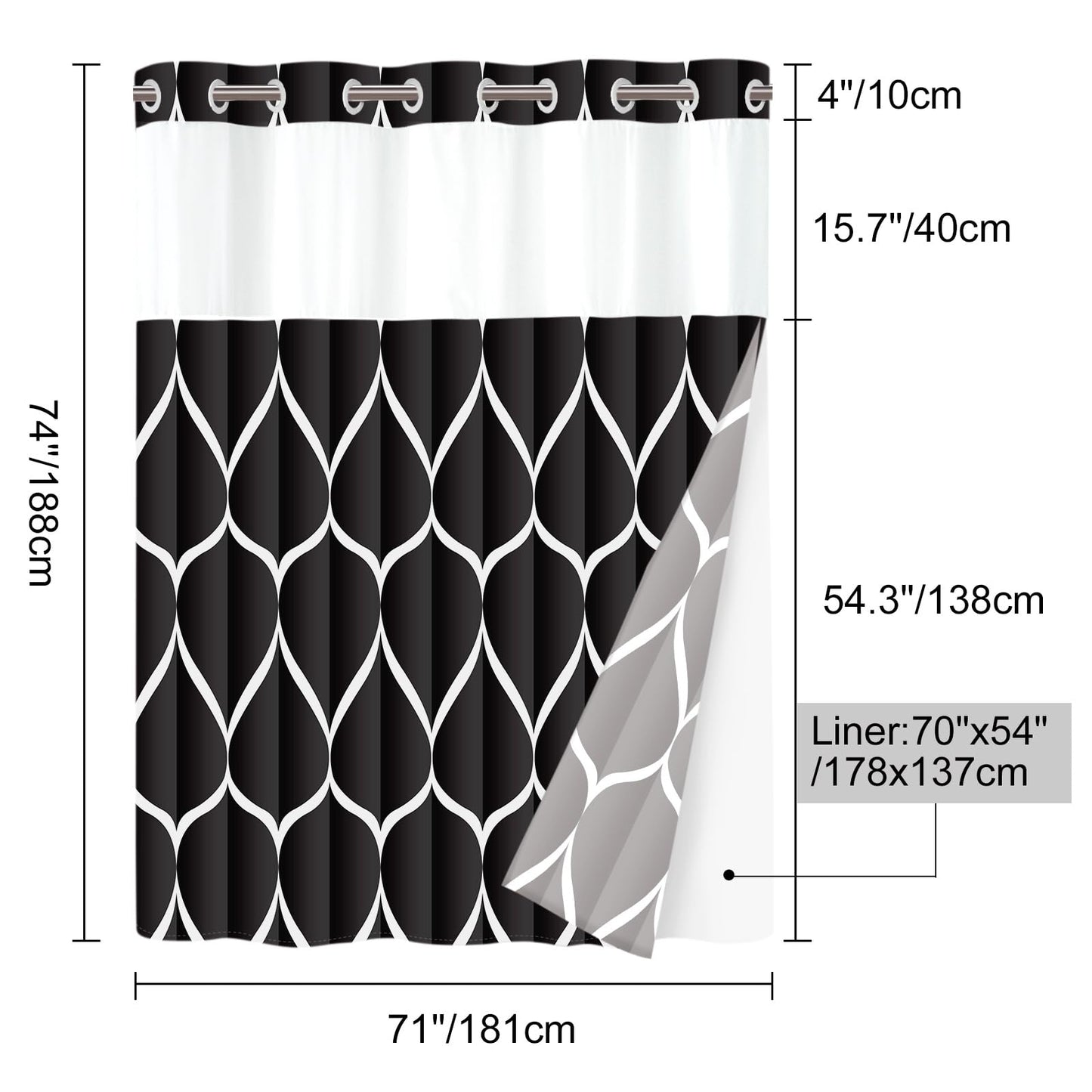 Yiatn No Hook Black Shower Curtain with Snap in Fabric Liner Set - Hotel Style with See Through Mesh Top Window, Modern Geometric Waterdrop Design,Water-Repellent & Washable, 71x74 INCH