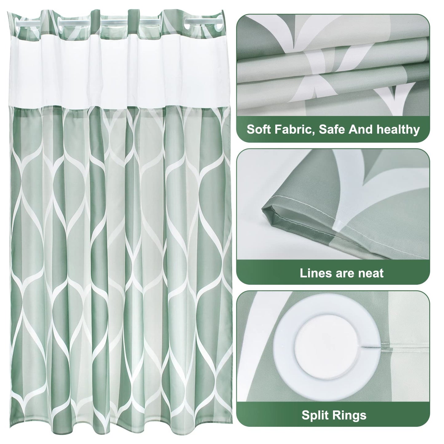 Yiatn No Hook Dark Green Double Shower Curtain with Snap in Fabric Liner Set - Hotel Style with See Through Mesh Top Window, Modern Geometric Waterdrop Design,Water-Repellent & Washable, 71x74 INCH