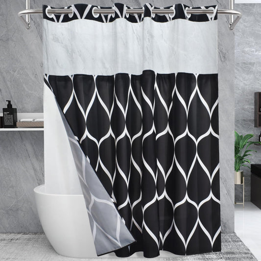 Yiatn No Hook Black Shower Curtain with Snap in Fabric Liner Set - Hotel Style with See Through Mesh Top Window, Modern Geometric Waterdrop Design,Water-Repellent & Washable, 71x74 INCH