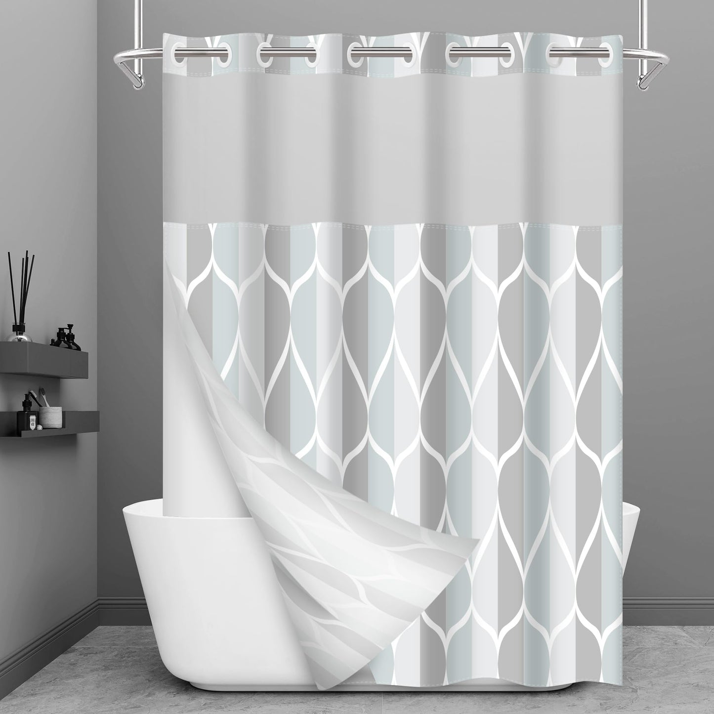 Yiatn No Hook Grey Shower Curtain with Snap in Fabric Liner Set - Hotel Style with See Through Mesh Top Window, Modern Geometric Waterdrop Design,Water-Repellent & Washable, 71x74 INCH