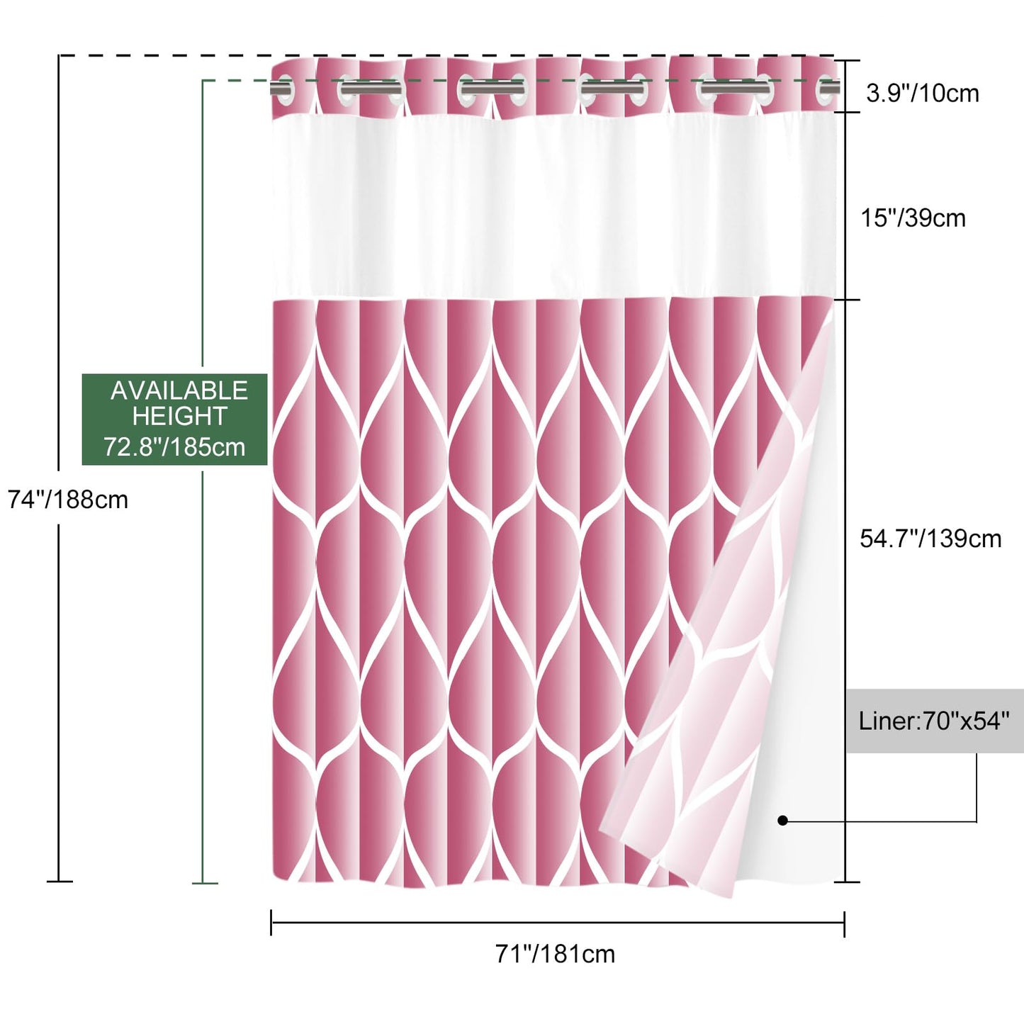 Yiatn No Hook Pale Mauve Shower Curtain with Snap in Fabric Liner Set - Hotel Style with See Through Mesh Top Window, Modern Geometric Waterdrop Design,Water-Repellent & Washable, 71x74 INCH