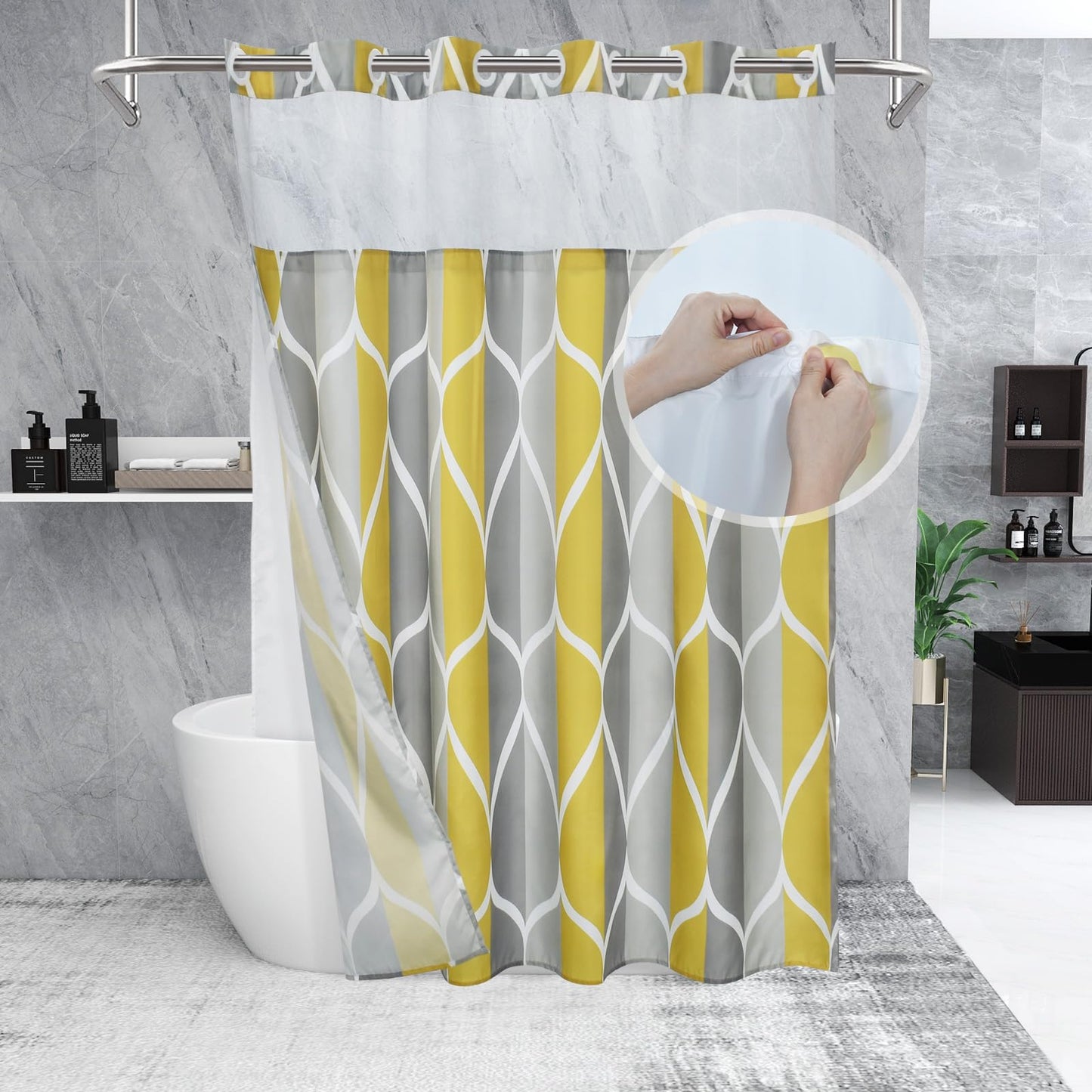 Yiatn Gray Yellow No Hook Shower Curtain with Liner Attached - Hotel Style with See Through Mesh Top Window, Modern Geometric Waterdrop Design,Water-Repellent & Washable, 71x74 INCH