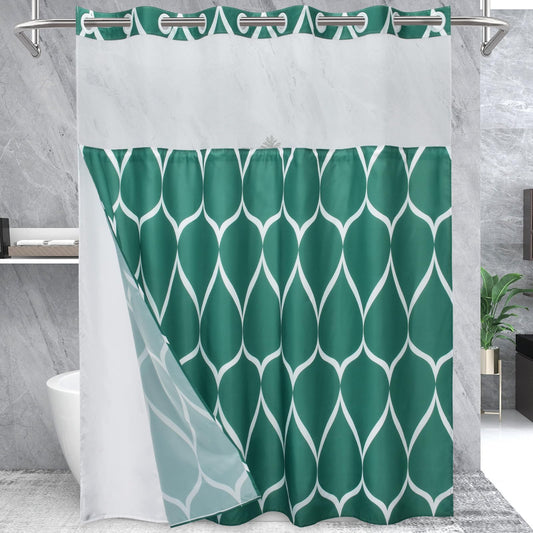 Yiatn No Hook Teal Blue Shower Curtain with Snap in Fabric Liner Set - Hotel Style with See Through Mesh Top Window, Modern Geometric Waterdrop Design,Water-Repellent & Washable, 71x74 INCH