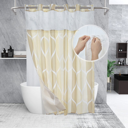 Yiatn No Hook Ivory Luxury Double Shower Curtain with Snap in Fabric Liner Set-Hotel Style with See Through Mesh Top Window, Modern Geometric Waterdrop Design,Water-Repellent & Washable,- 71x74 INCH